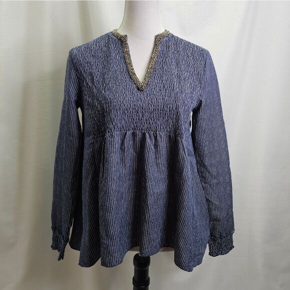 Given Kale Blue Long Sleeve Smocked Peasant Blouse Size Small - Picture 1 of 8